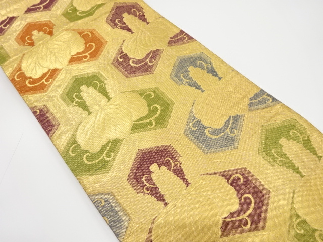 アンティーク　毘沙門亀甲に桐唐草模様織り出し袋帯（着用可）